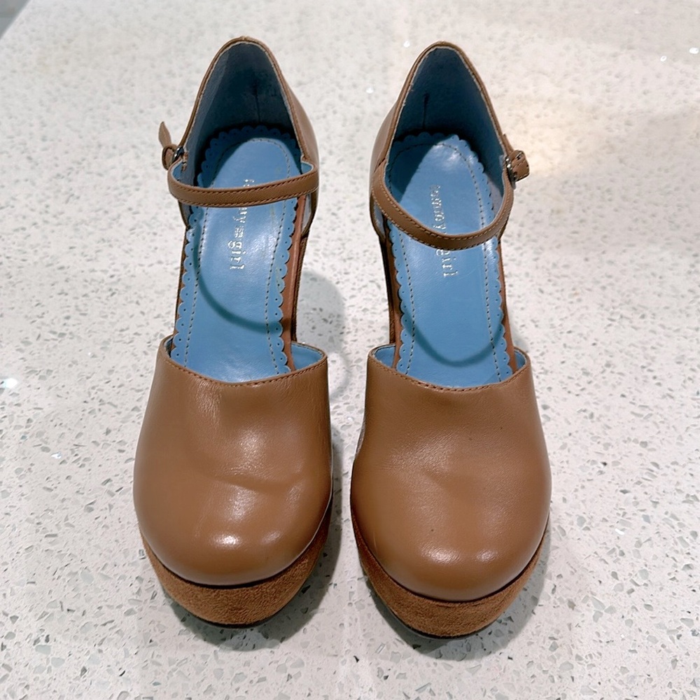 Light Brown and Blue Floral Wedges, Size 6 for Women